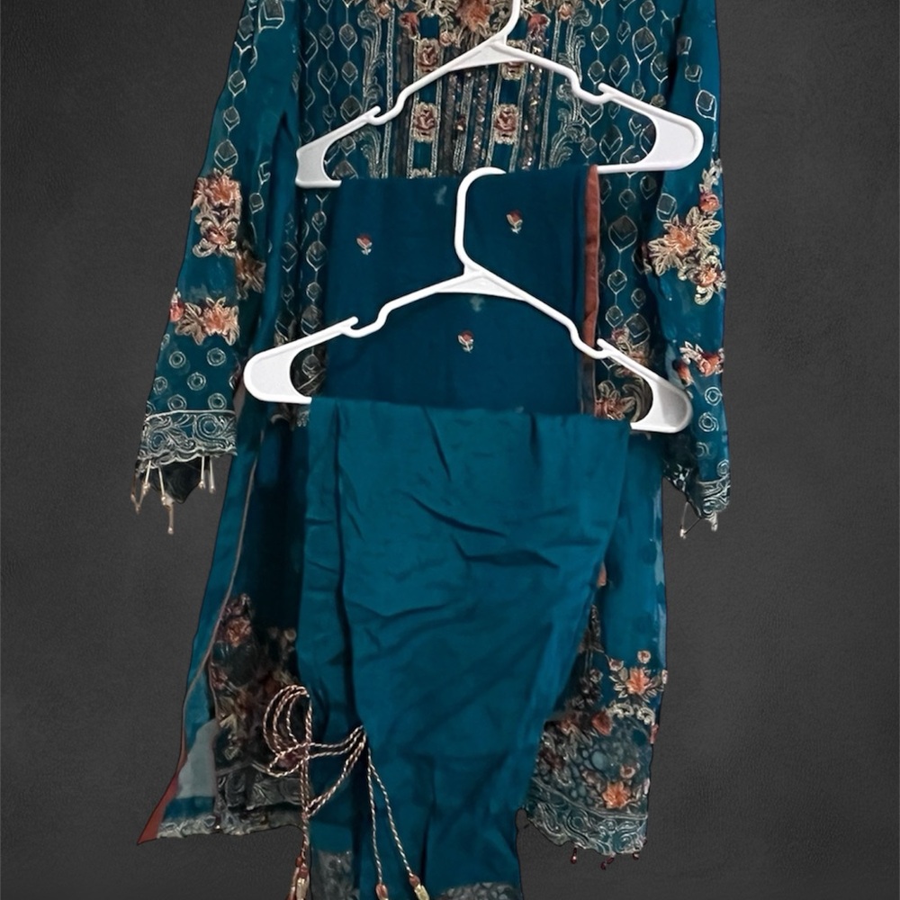 Elegant Floral Embroidered Teal Outfit